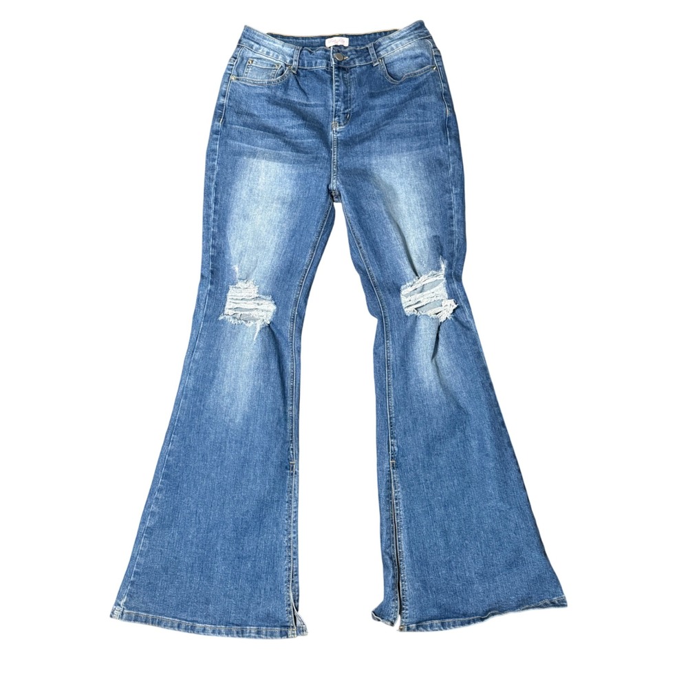 Pink Lily Distressed Flare‎ Jeans Wide Bell Bottom Split Hem High Rise Size 29